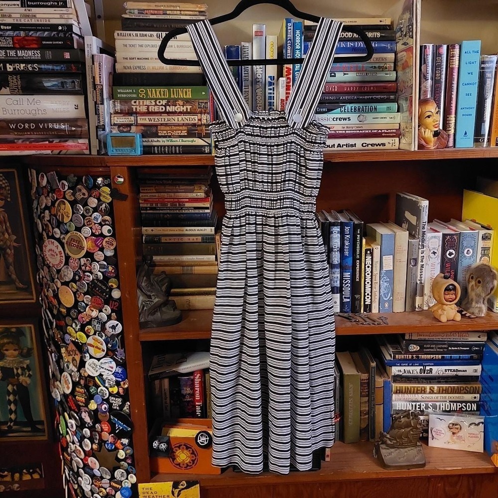 Vintage Handmade Striped Smocked Sundress Black White Elastic Waist Small Medium
